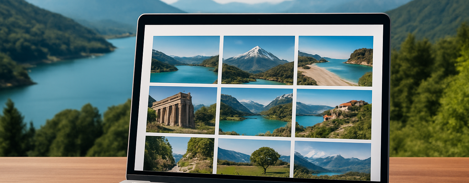 A laptop displaying a grid of scenic travel destinations against a backdrop of mountains and a lake