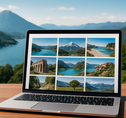 A laptop displaying a grid of scenic travel destinations against a backdrop of mountains and a lake
