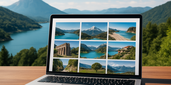 A laptop displaying a grid of scenic travel destinations against a backdrop of mountains and a lake