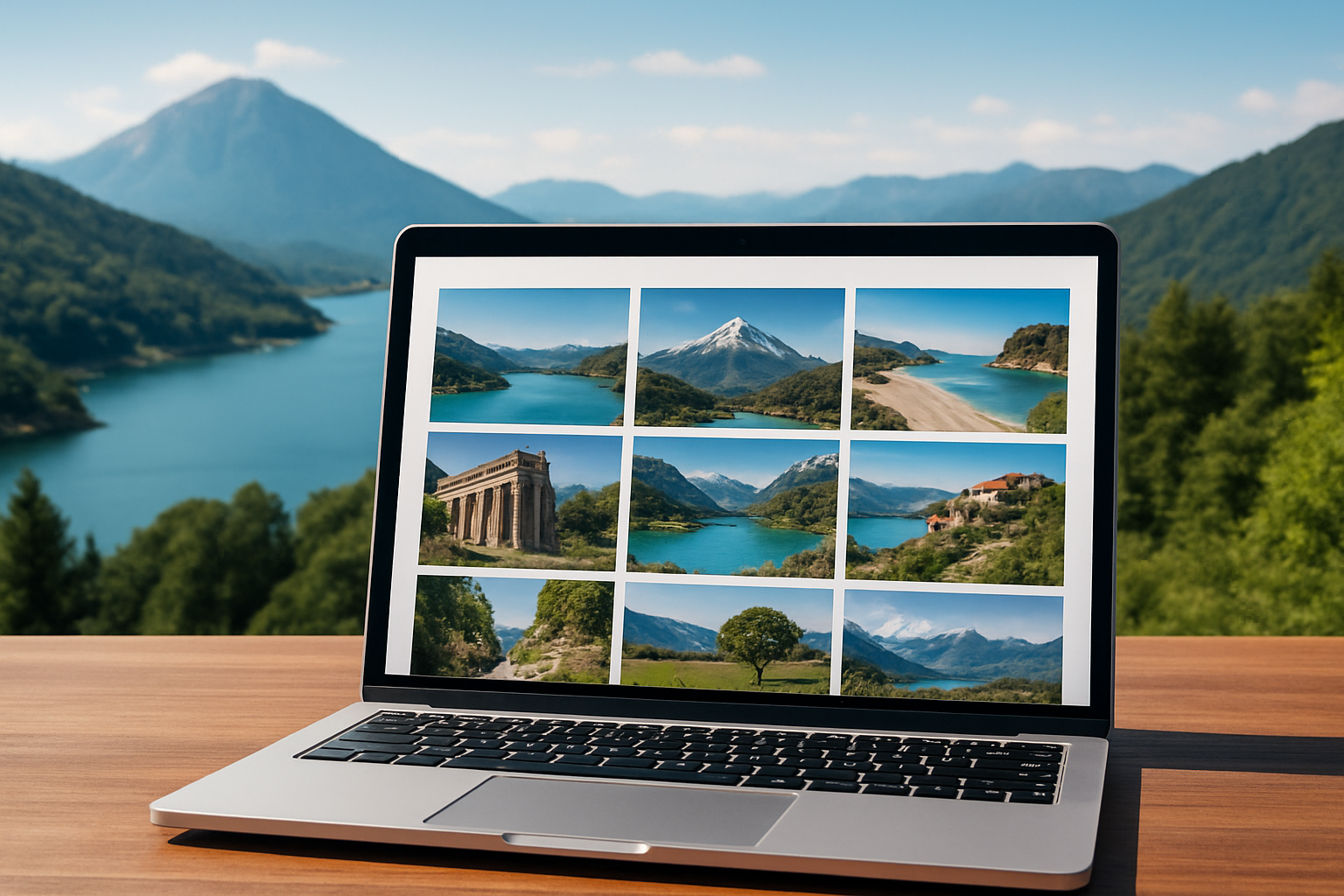 A laptop displaying a grid of scenic travel destinations against a backdrop of mountains and a lake