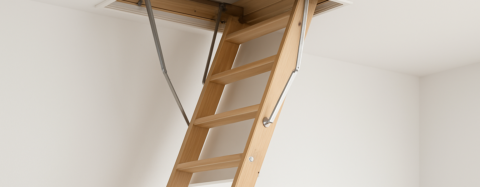 A wooden loft ladder extending from a ceiling hatch into a minimalist room