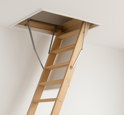 A wooden loft ladder extending from a ceiling hatch into a minimalist room