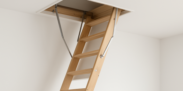A wooden loft ladder extending from a ceiling hatch into a minimalist room