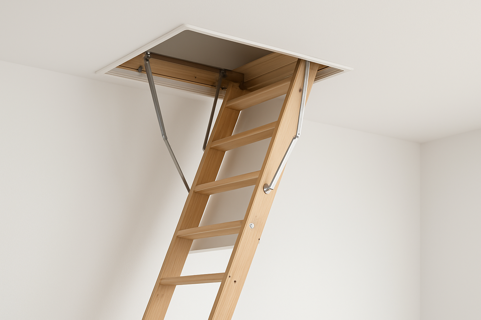 A wooden loft ladder extending from a ceiling hatch into a minimalist room